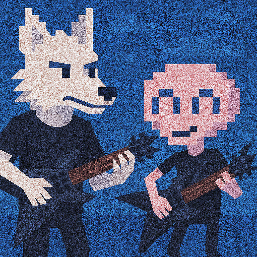 psysci playing metal guitar with wolf illustration